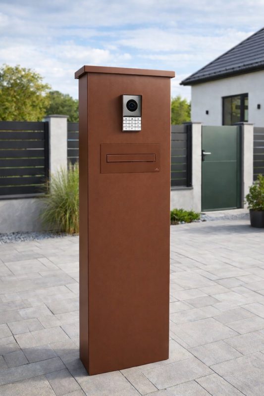 METAL FENCE POSTS WITH VIDEO INTERCOM AND MAILBOX 