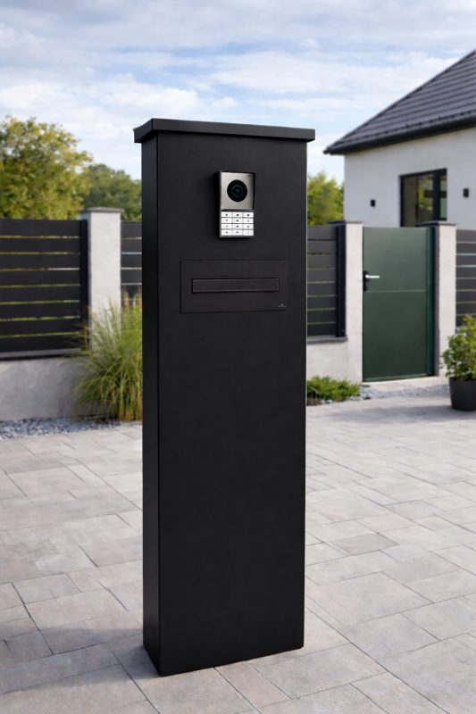 METAL FENCE POSTS WITH VIDEO INTERCOM AND MAILBOX 