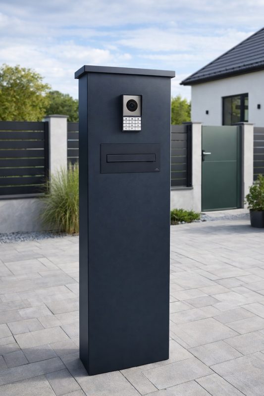 METAL FENCE POSTS WITH VIDEO INTERCOM AND MAILBOX 