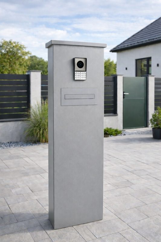 METAL FENCE POSTS WITH VIDEO INTERCOM AND MAILBOX 